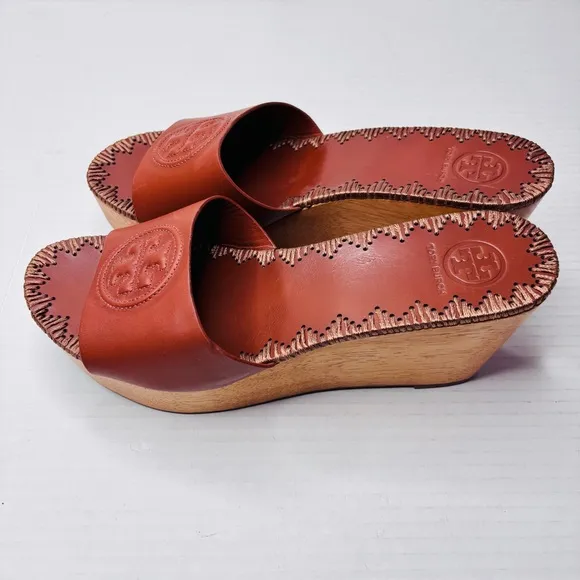 Price firm TORY BURCH Patty Leather Platform Wedge Slide Sandals Size 8
