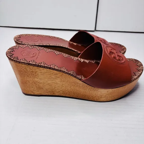 Price firm TORY BURCH Patty Leather Platform Wedge Slide Sandals Size 8