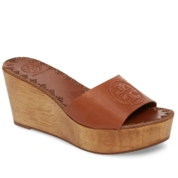 Price firm TORY BURCH Patty Leather Platform Wedge Slide Sandals Size 8
