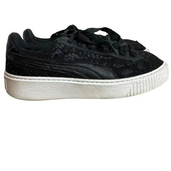Puma Basket Classic Floral Lace Lace Up Platform Sneakers Sz 8 Black