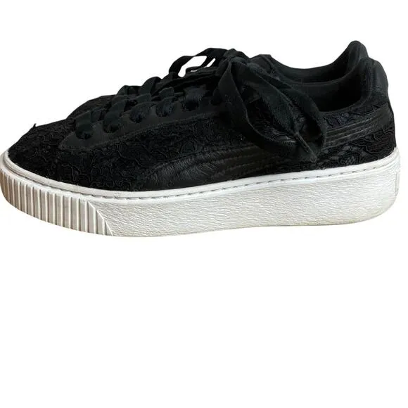 Puma Basket Classic Floral Lace Lace Up Platform Sneakers Sz 8 Black
