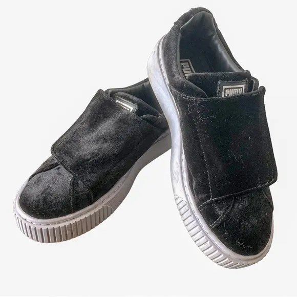 Puma Basket Platform Strap Velvet Rope Platform Sneakers Black Size 7