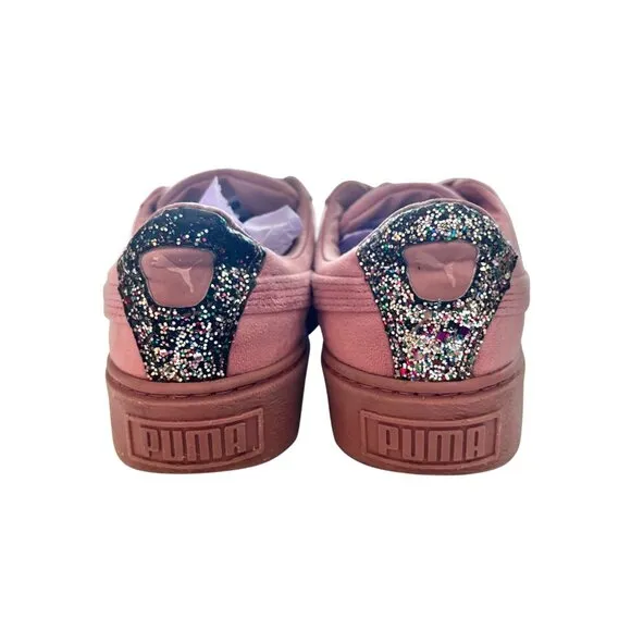 Puma Pink Suede Lace-Up Platform Sneakers With Glitter Heel Accent Size 8.5