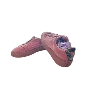 Puma Pink Suede Lace-Up Platform Sneakers With Glitter Heel Accent Size 8.5