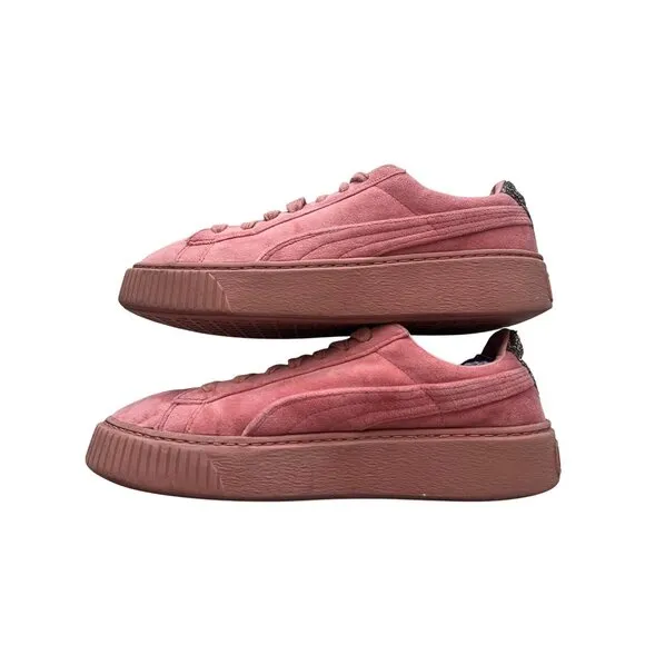 Puma Pink Suede Lace-Up Platform Sneakers With Glitter Heel Accent Size 8.5