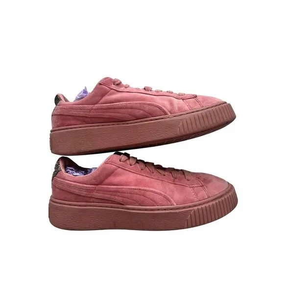 Puma Pink Suede Lace-Up Platform Sneakers With Glitter Heel Accent Size 8.5