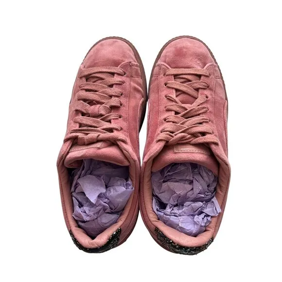 Puma Pink Suede Lace-Up Platform Sneakers With Glitter Heel Accent Size 8.5