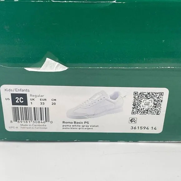 PUMA Roma Basic PS Big Kid’s White-Gray-Violet Low Top Casual Sneakers Size 2C