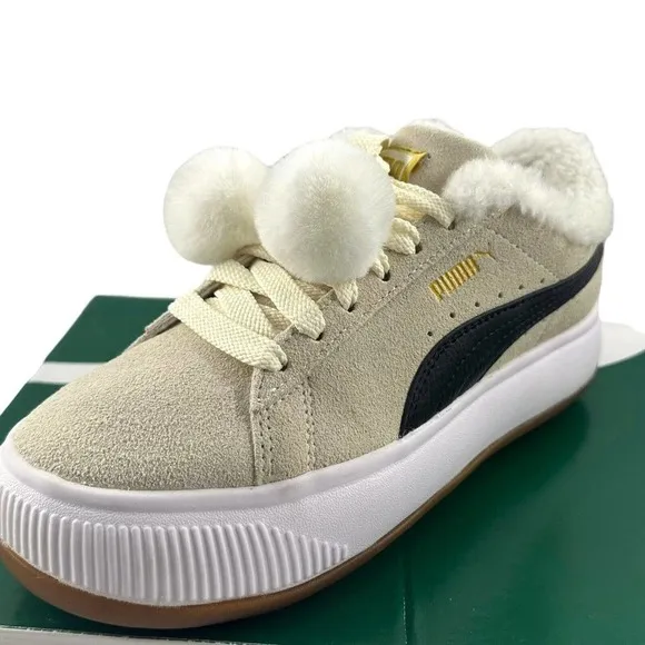Puma Suede Mayu Faux fur Lined Whisper White Women Casual Platform Sneaker Sz 6