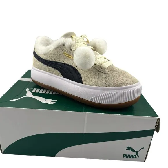 Puma Suede Mayu Faux fur Lined Whisper White Women Casual Platform Sneaker Sz 6