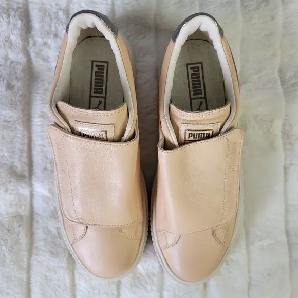 PUMA // super soft natural birch leather velcro strap platform sneakers