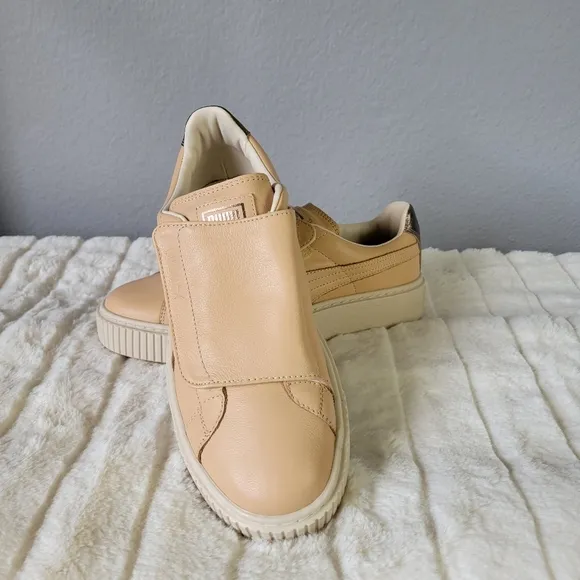 PUMA // super soft natural birch leather velcro strap platform sneakers