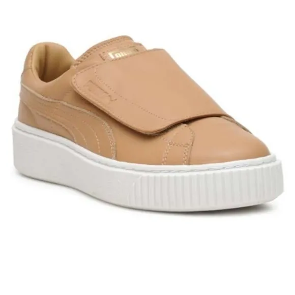 PUMA // super soft natural birch leather velcro strap platform sneakers