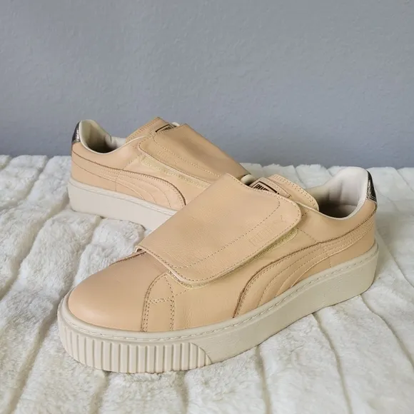 PUMA // super soft natural birch leather velcro strap platform sneakers