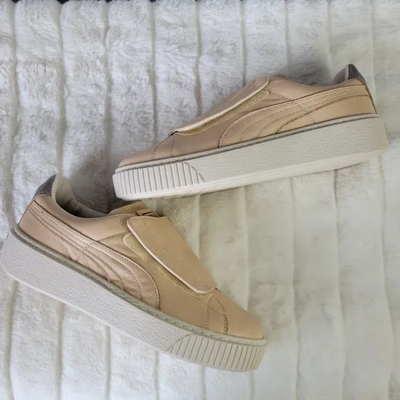 PUMA // super soft natural birch leather velcro strap platform sneakers