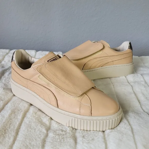 PUMA // super soft natural birch leather velcro strap platform sneakers