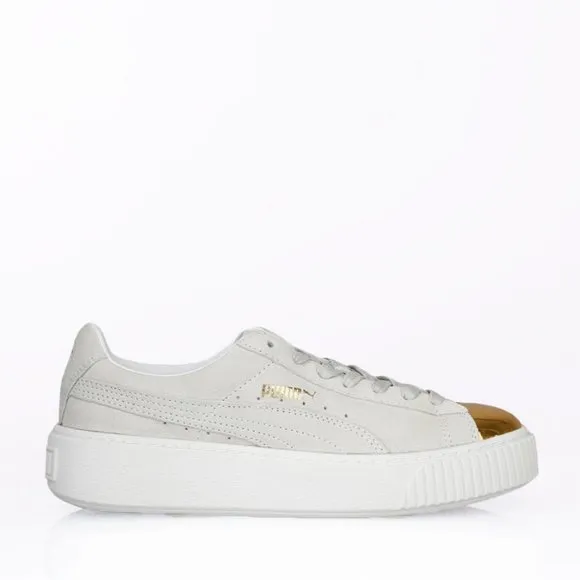 PUMA White &amp; Gold Suede Platform Sneakers