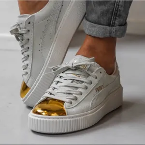 PUMA White &amp; Gold Suede Platform Sneakers