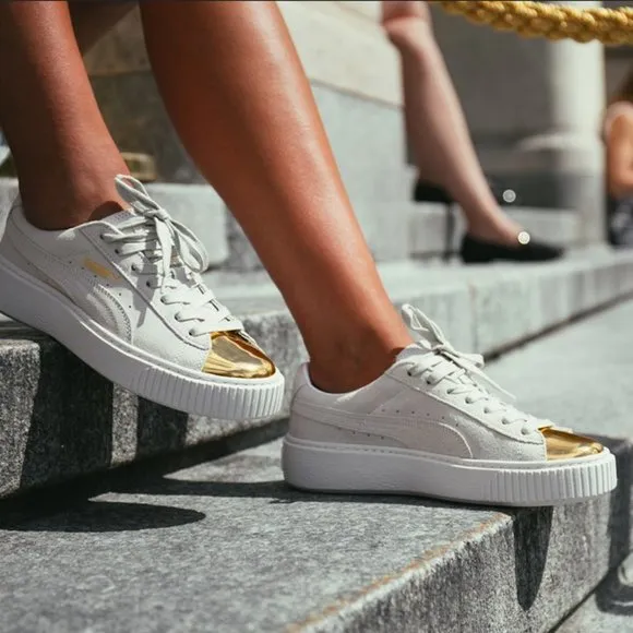 PUMA White &amp; Gold Suede Platform Sneakers