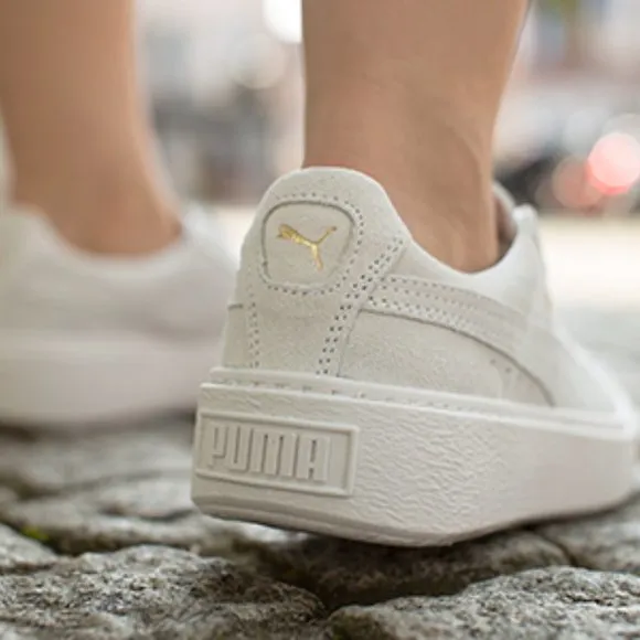 PUMA White &amp; Gold Suede Platform Sneakers