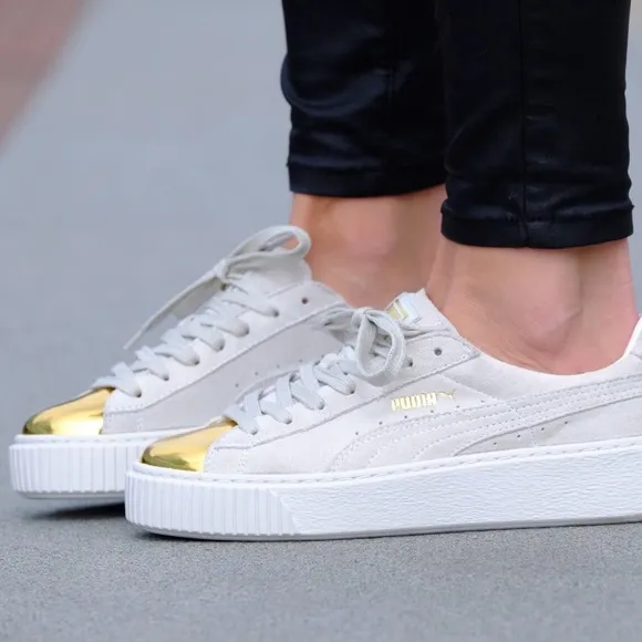 PUMA White &amp; Gold Suede Platform Sneakers