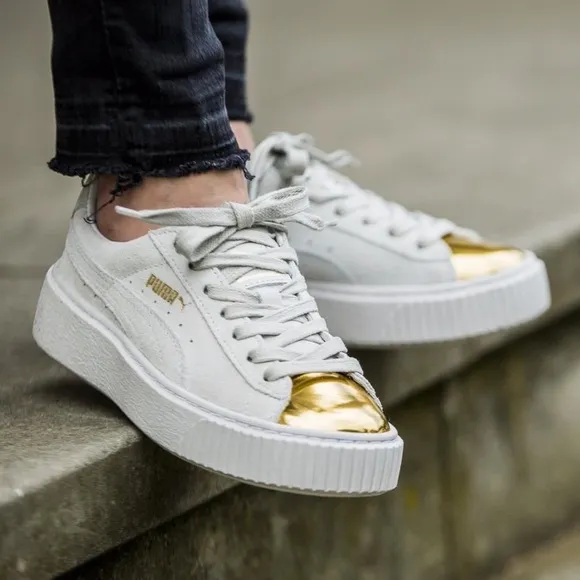 PUMA White &amp; Gold Suede Platform Sneakers