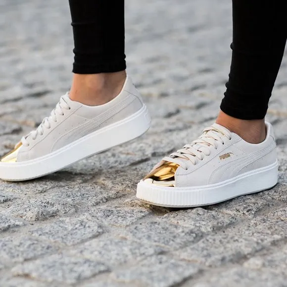 PUMA White &amp; Gold Suede Platform Sneakers
