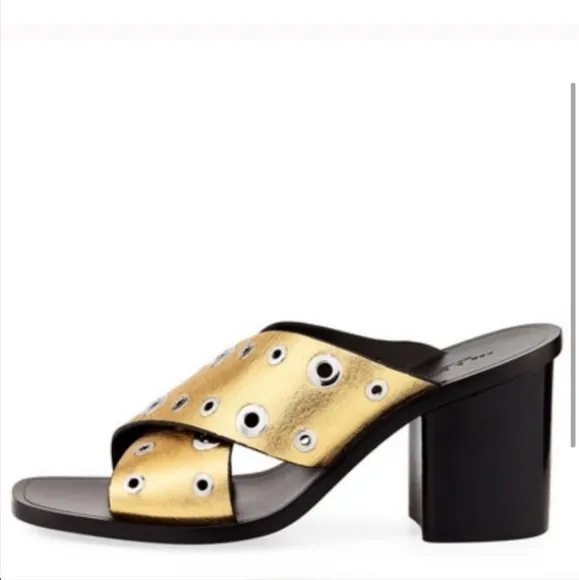 Rag &amp; Bone Gold Leather Grommet Paige Block Heel Slide on sandals  👡 $495 #1190