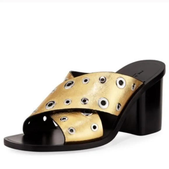 Rag &amp; Bone Gold Leather Grommet Paige Block Heel Slide on sandals  👡 $495 #1190