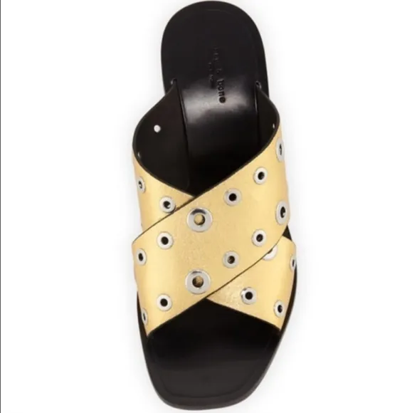 Rag &amp; Bone Gold Leather Grommet Paige Block Heel Slide on sandals  👡 $495 #1190