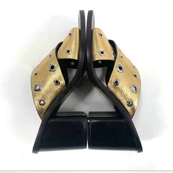 Rag &amp; Bone Gold Leather Grommet Paige Block Heel Slide on sandals  👡 $495 #1190