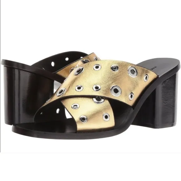 Rag &amp; Bone Gold Leather Grommet Paige Block Heel Slide on sandals  👡 $495 #1190