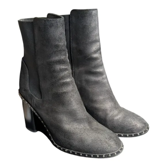 Rag &amp; Bone Romi Waxy Black Leather Chelsea Silver Studded Ankle Boots Size 8