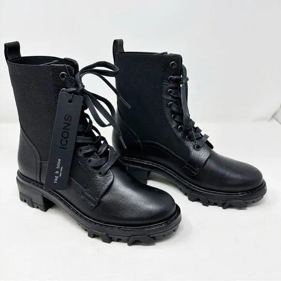 Rag &amp; Bone Black Combat Boots Elastic Panel NEW Size 37.5 Shiloh