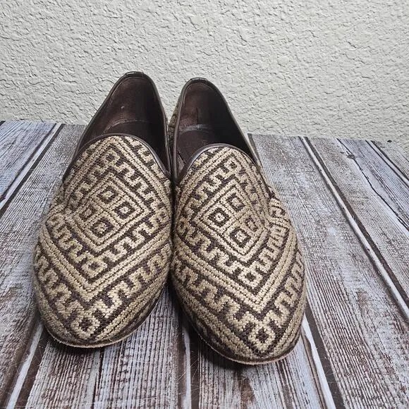 Ramon Tenza Slip-On Flats Size 7 woven tapestry Loafers tan and brown Casual