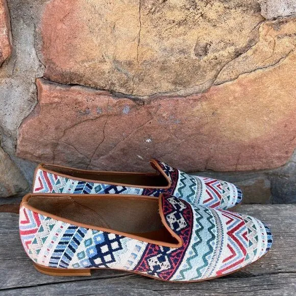 Ramon Tenza Taylor Smoking Flats Loafer Made in Spain Woven Jacquard Upper Sz 10