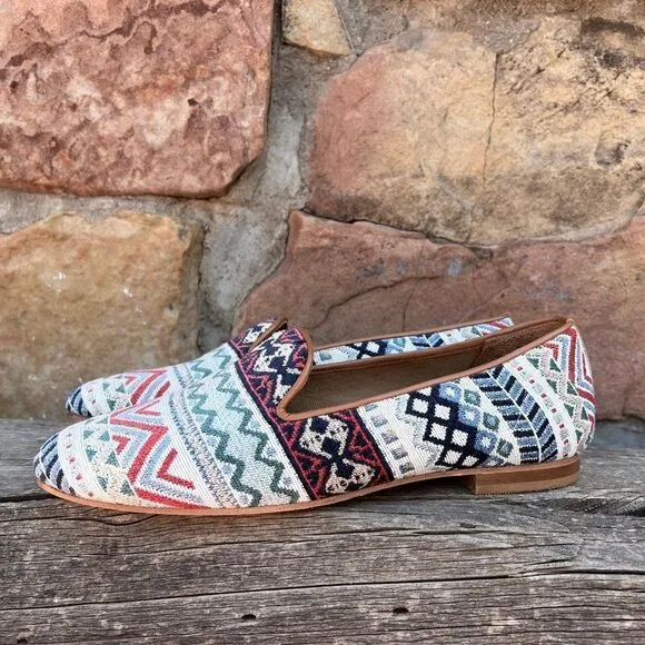 Ramon Tenza Taylor Smoking Flats Loafer Made in Spain Woven Jacquard Upper Sz 10