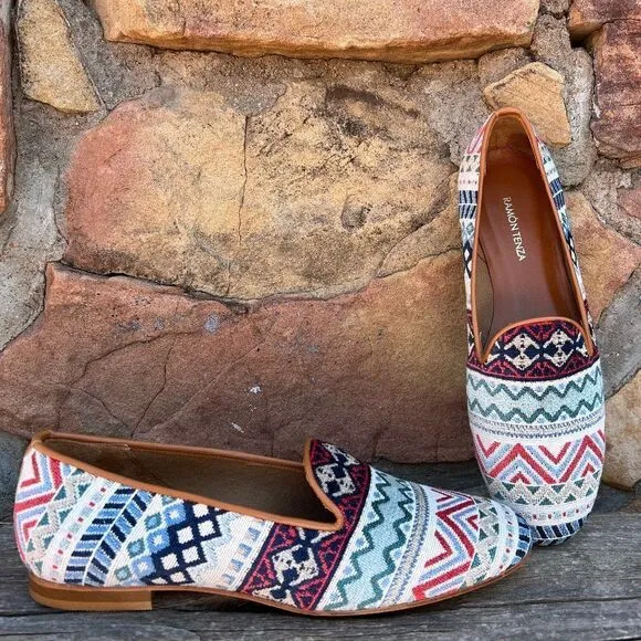 Ramon Tenza Taylor Smoking Flats Loafer Made in Spain Woven Jacquard Upper Sz 10