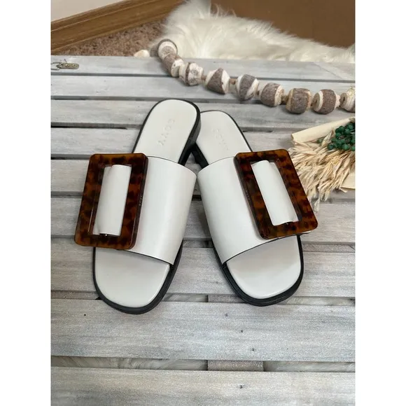 Rare Boyy Tortoise Buckle White Cream Slip On Sandals Slides