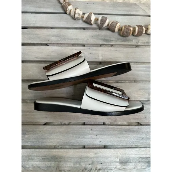 Rare Boyy Tortoise Buckle White Cream Slip On Sandals Slides