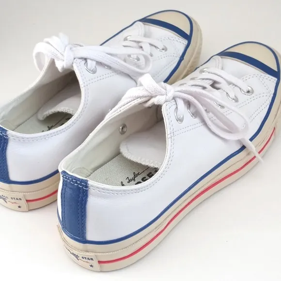 Rare Converse White Soft Leather Low Top Chuck Taylor Sneakers Blue Trim 8