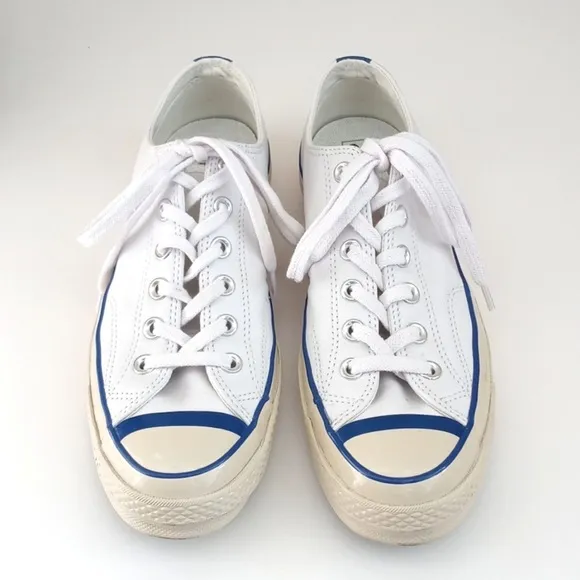 Rare Converse White Soft Leather Low Top Chuck Taylor Sneakers Blue Trim 8