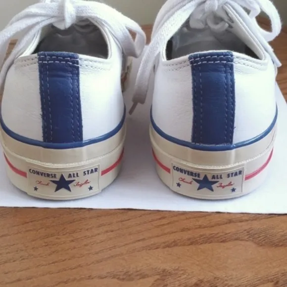 Rare Converse White Soft Leather Low Top Chuck Taylor Sneakers Blue Trim 8