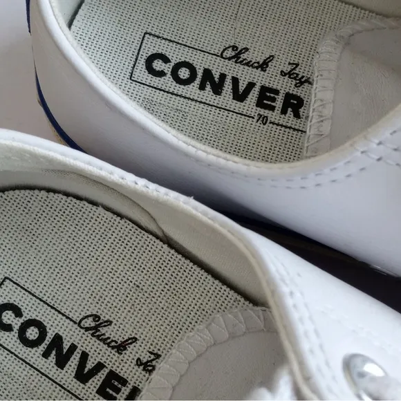 Rare Converse White Soft Leather Low Top Chuck Taylor Sneakers Blue Trim 8