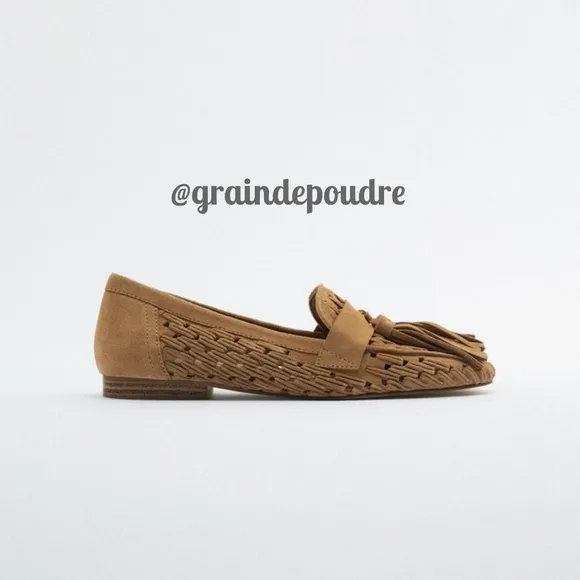 Rare! Zara Tan Suede Leather Tassel Pom Pom Woven Loafers 37 6.5