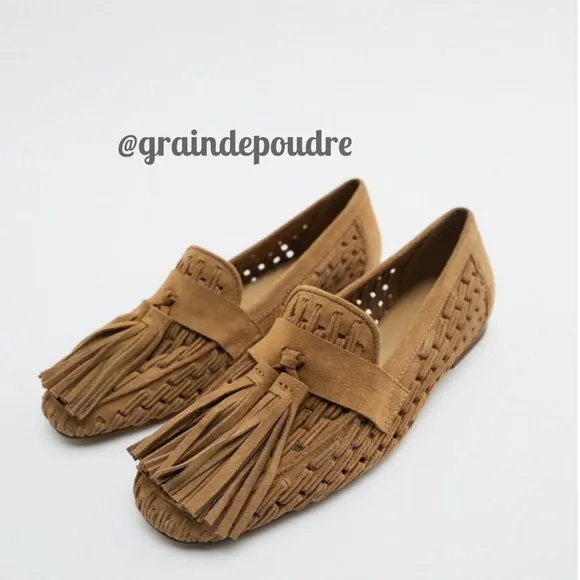 Rare! Zara Tan Suede Leather Tassel Pom Pom Woven Loafers 37 6.5