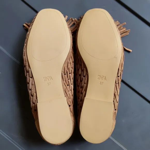 Rare! Zara Tan Suede Leather Tassel Pom Pom Woven Loafers 37 6.5