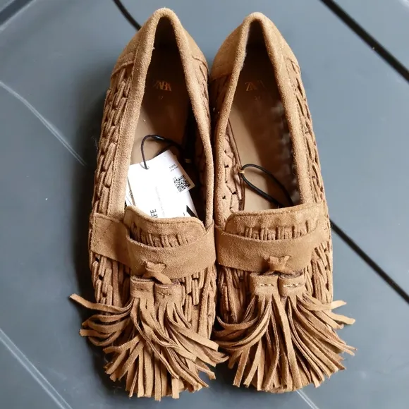 Rare! Zara Tan Suede Leather Tassel Pom Pom Woven Loafers 37 6.5
