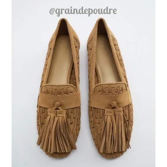 Rare! Zara Tan Suede Leather Tassel Pom Pom Woven Loafers 37 6.5