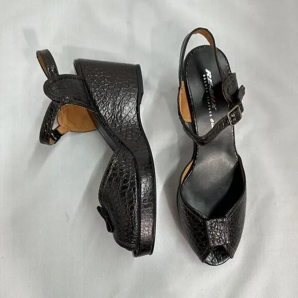 Re-Mix Brown Croc-Embossed Leather Wedge Platform Sandals (10)